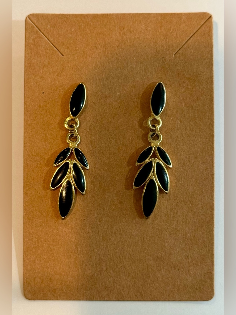 Vintage Gold Black Leaf Enamel Drop Earrings - Women Jewelry